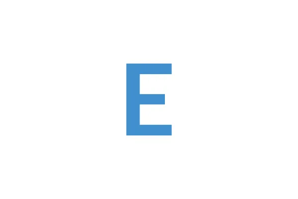 A white capital letter "E" centered on a solid blue square background.