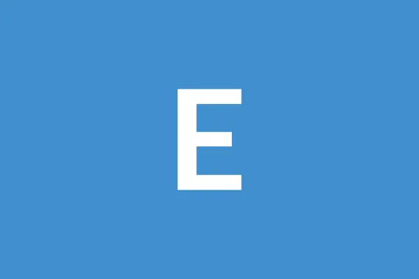 A white capital letter "E" centered on a solid blue square background.
