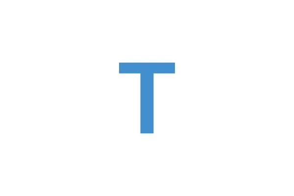 A second white capital letter "T" centered on a solid blue square background.