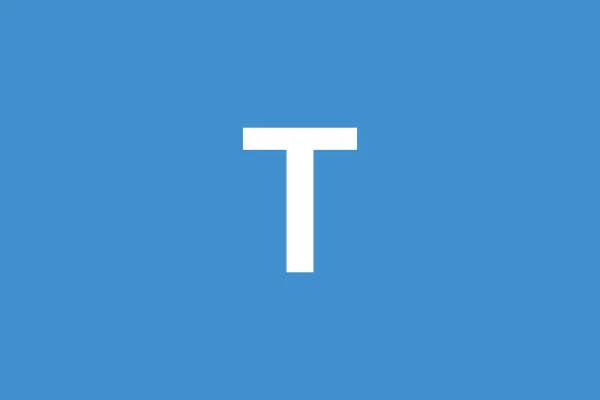 A white capital letter "T" centered on a solid blue square background.