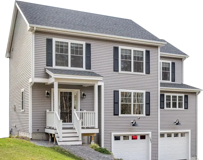 Exterior view of a modern grey two-story house with white trim and a basement-level garage.